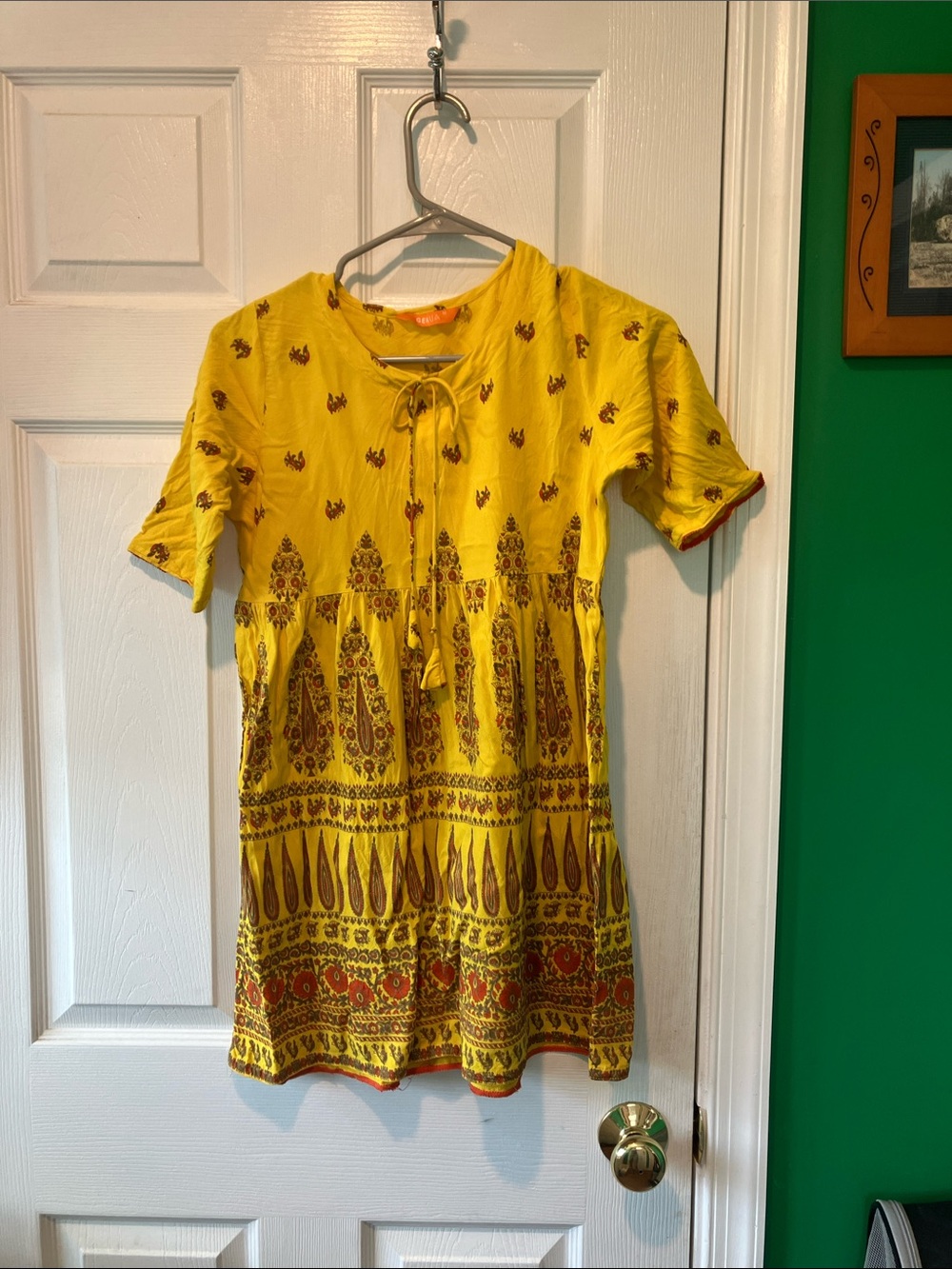 Girls' Yellow boho Patterned Tie-Front Dress short sleeve medium colorful